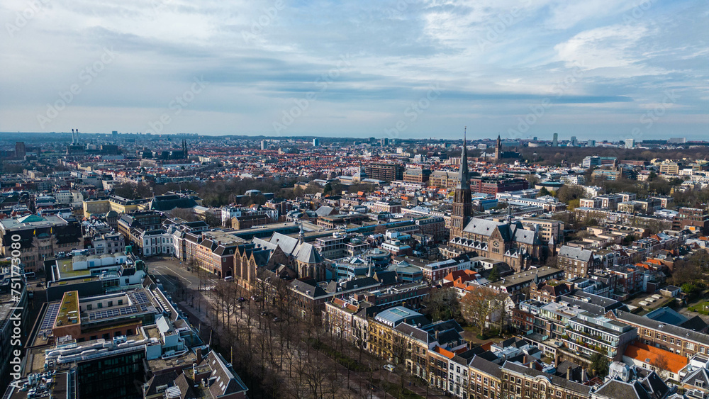 Aerial view of the iconic St. James' Church, also known as The Great Church, in The Hague, Netherlands, captured by a drone - obrazy, fototapety, plakaty 