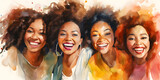 Watercolor illustration of group of happy and beautiful Afroamerican woman together 