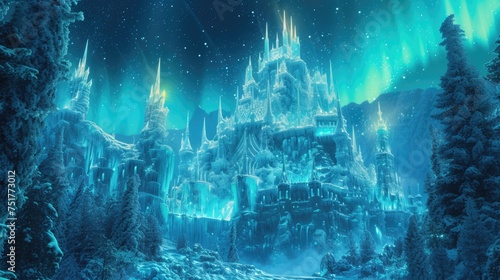 A magical winter wonderland at night, with ice castles, aurora borealis in the sky, and mystical creatures wandering in the snow-covered landscape. C. Resplendent.