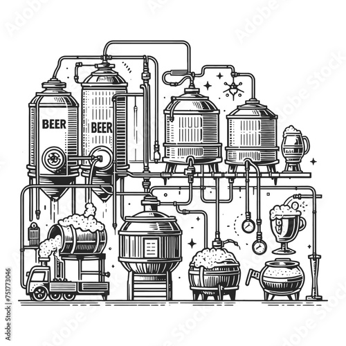Beer brewing process factory equipment with beer brewing elements and grains. Sketch engraving generative ai vector illustration. Scratch board imitation. Black and white image.