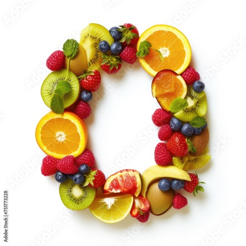 Typography of the letter O crafted from fresh fruit  hyperrealistic  A close-up of a colorful letter O  made from a variety of whole and sliced fruits.