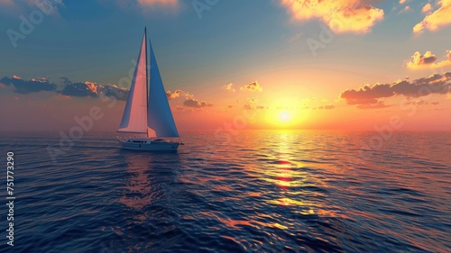 Sailboat cruising on ocean at sunset - A serene scene featuring a sailboat against the golden hues of sunset