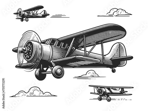 set of classic biplane illustrations in flight airplanes sketch engraving generative ai vector illustration. Scratch board imitation. Black and white image.
