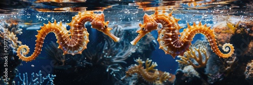 Seahorse pair bonding in a marine setting - Ethereal image of seahorse pair showcases connection, bonding, and the delicate balance of aquatic ecosystems in sheer beauty