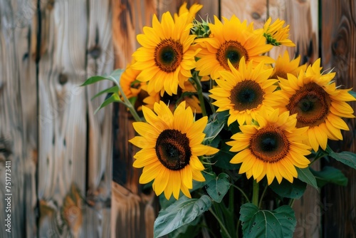 Wooden Background Complementing Sunflower Arrangement, AI Generative 