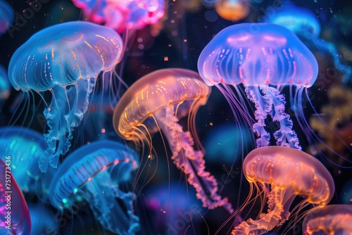 Swarm of glowing jellyfish underwater on dark background - This captivating image captures a swarm of neon glowing jellyfish gracefully floating in a dark underwater scene © Tida
