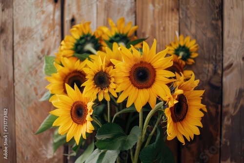 Sunflower Bouquet Radiating Against Wooden Surface, AI Generative 