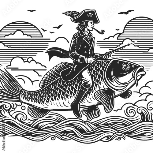 Pirate captain riding fish sketch engraving generative ai vector illustration. T-shirt apparel print design. Scratch board imitation. Black and white image.