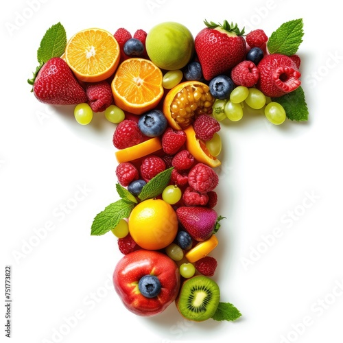 Typography of the letter T crafted from fresh fruit  hyperrealistic  A collage of various fresh fruits and berries arranged in the shape of the letter T. 