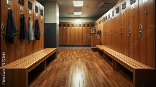 Wooden Lockers and Benches in a Modern Gym Locker Room, Member Storage Shelves. photo