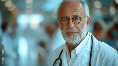 A doctor with a beard and glasses in a white overalls (AI generated illustration).