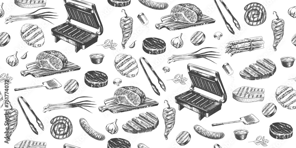 Seamless pattern with grilled meat and bbq equipment. Background with bbq food and tool. Electric barbecue press grill. Hand drawn grilled steak, sausage, roast beef, vegetables. Kitchen utensils