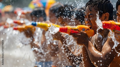 Children Playing with Water Guns at the Beach © kiatipol