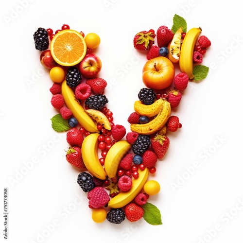 A collage of various fresh fruits and berries arranged in the shape of the letter V. creative and healthy concept