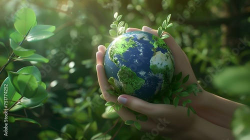 Ecology concept. Close-up of female hands holding earth globe with green leaves on blurred nature background.