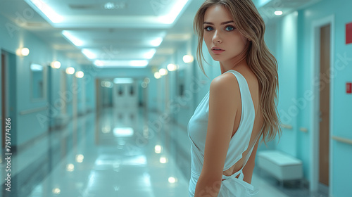 A blonde nurse walks down a white corridor (AI generated illustration).