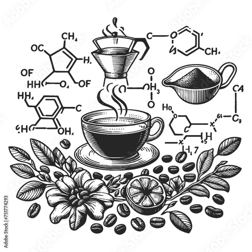 Cup of hot coffee or tea abstract chemistry science formula sketch engraving generative ai vector illustration. Scratch board imitation. Black and white image.
