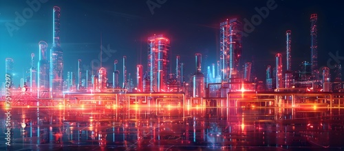 Futuristic Nighttime Illustration of Oil Refinery © kiatipol