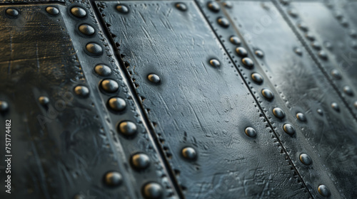 textured metal surface with a diamond pattern, embellished with rivets and showing signs of wear and rust.