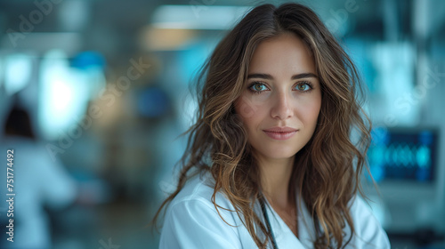 The brunette doctor is smiling gently (AI generated illustration).