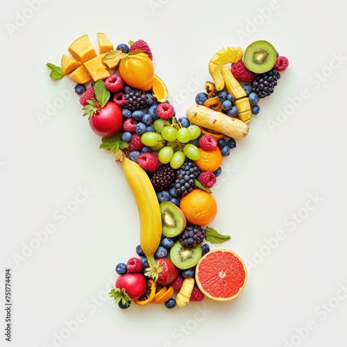 A collage of various fresh fruits and berries arranged in the shape of the letter Y. creative and healthy alphabet letter Y made entirely of colorful fruits and berries.