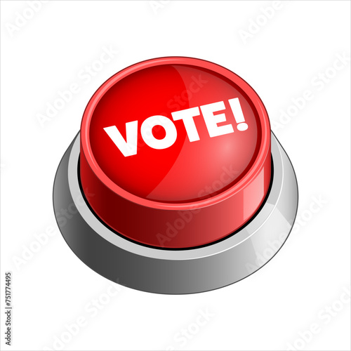 vibrant red button with the word VOTE emphasized on a shiny metallic base on white background vector illustration. Concept illustration. Hand drawn color vector illustration.