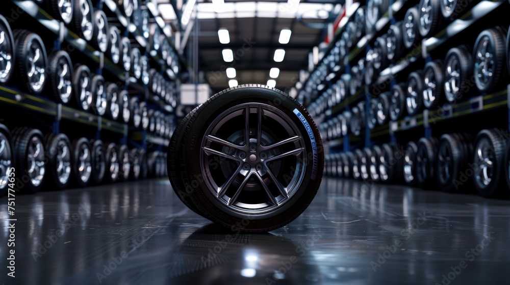 Fototapeta premium a tire warehouse with rows of tire racks in the background