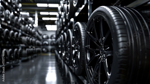 a tire warehouse with rows of tire racks in the background © Chingiz