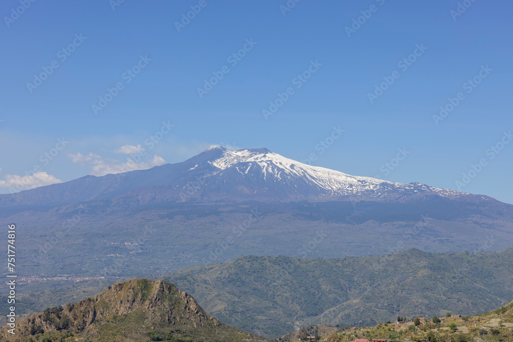 View of Mount Etna volcano from path of Saracens in mountains between Taormina and Castelmola, Sicily; Italy
