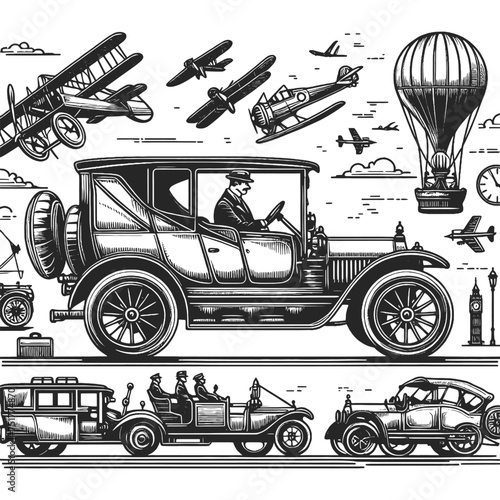 vintage transportation modes classic cars airplanes hot air balloon sketch engraving generative ai vector illustration. Scratch board imitation. Black and white image.