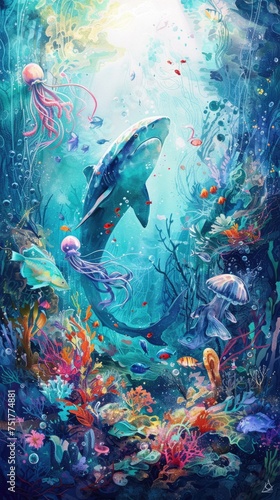 A tense underwater scene unfolds in a vibrant coral reef: a shark circles a camouflaged octopus. Watercolor style