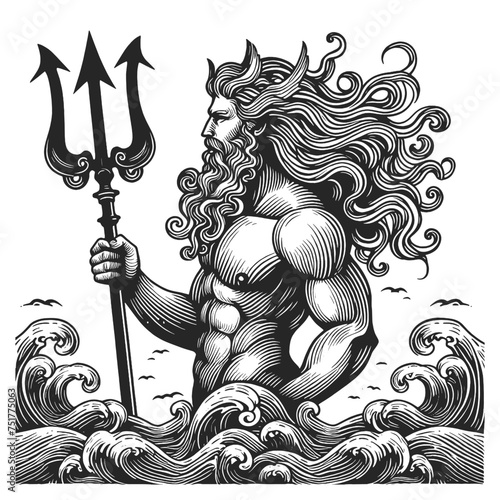 Poseidon god of the sea, holding a trident amidst ocean waves sketch engraving generative ai vector illustration. T-shirt apparel print design. Scratch board imitation. Black and white image. photo