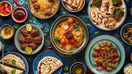 A vibrant array of Middle Eastern dishes, artfully presented as a traditional Ramadan Iftar meal