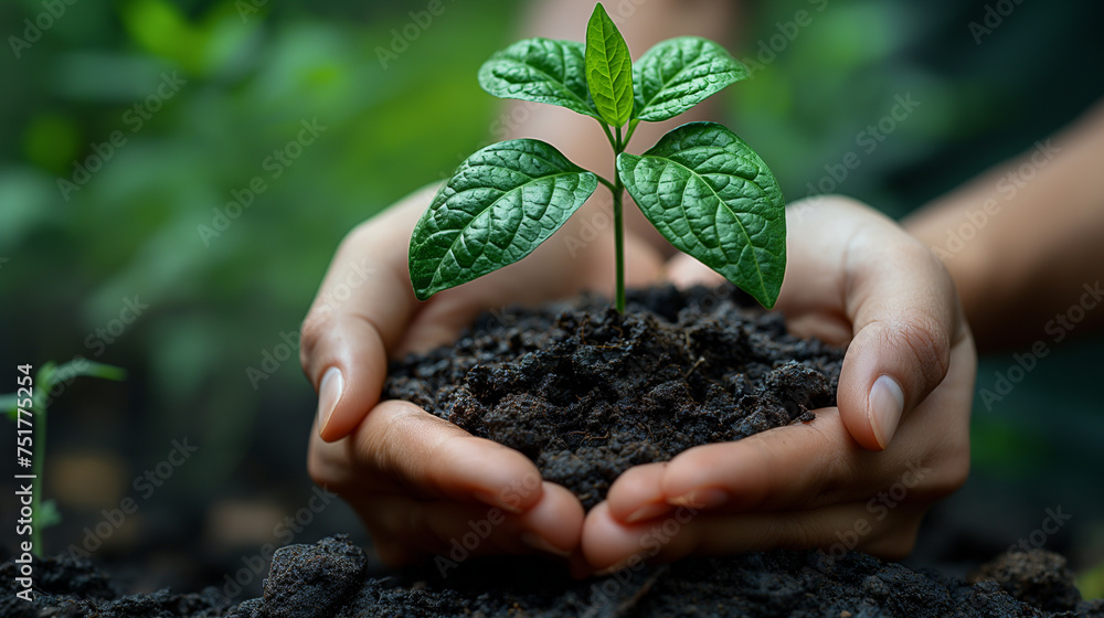 Nachhaltiges Wachstum - Junge Pflanze in sorgenden Händen - obrazy, fototapety, plakaty 