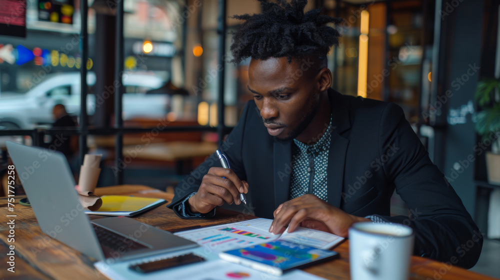 businessman working on a laptop in a co-working space or cafe, with a cup of coffee and a mobile phone on the table, and analytical documents visible on the desk. businessman working on a laptop in a co-working space or cafe, with a cup of coffee and a mobile phone on the table, and analytical documents visible on the desk.