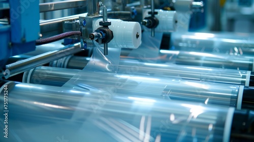 An advanced polyethylene plastic bag production machine, illuminated by dynamic lighting effects photo