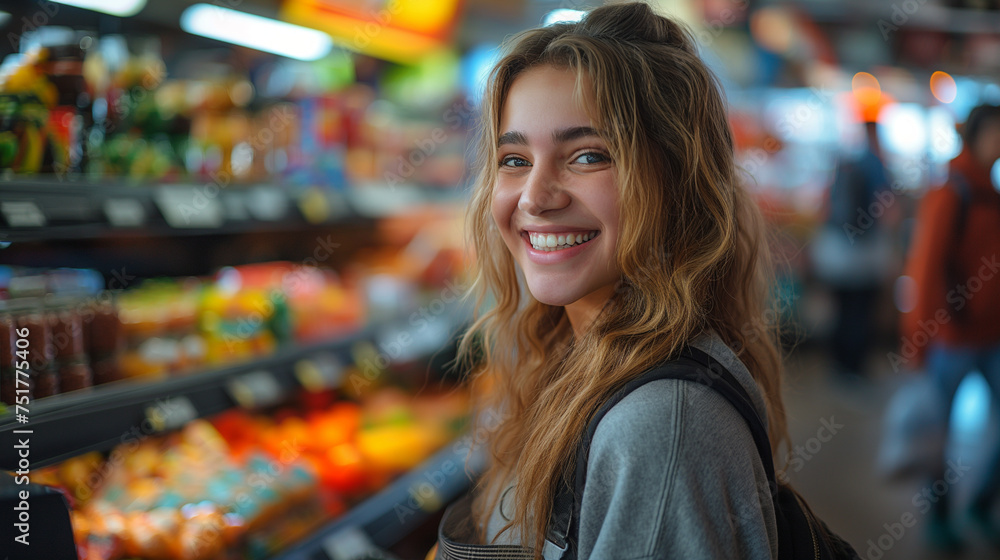 Freundliche junge Verkäuferin im Supermarkt