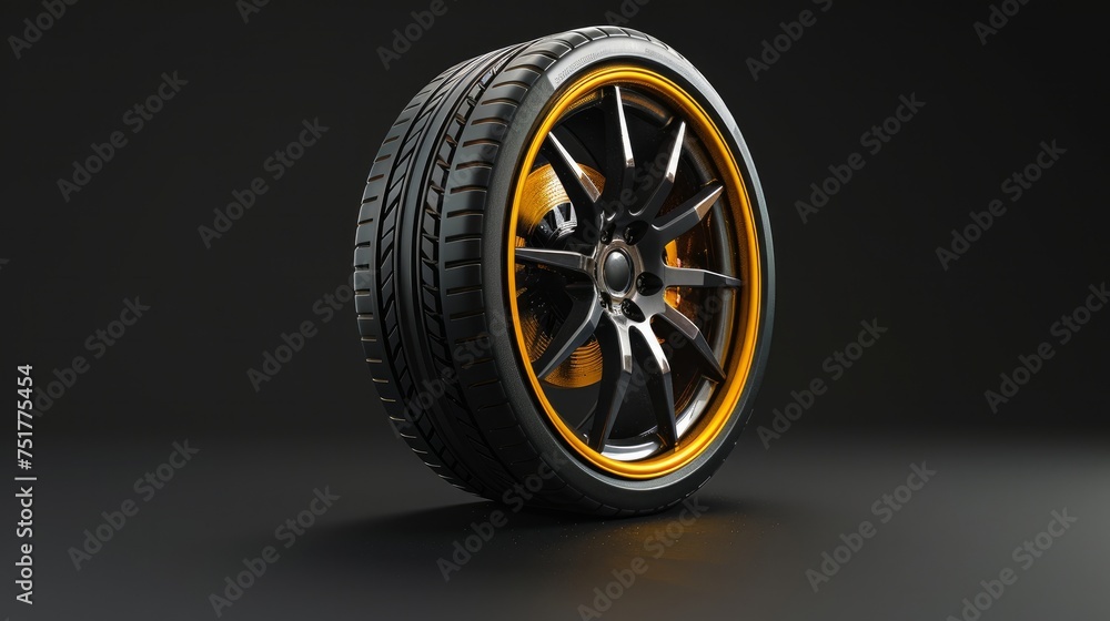 A sleek alloy wheel with a mounted tire stands out against a stark black background