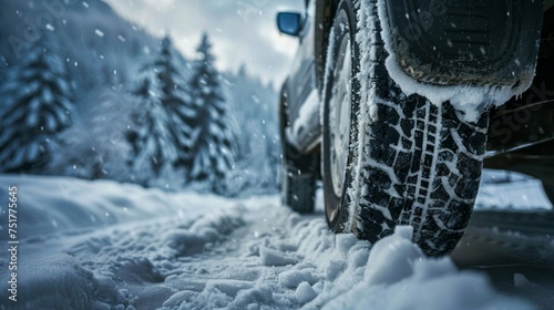 Winter tires grip the snow-covered mountain road © Chingiz
