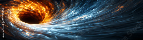 Hot and cold energy spiral into a gravity well, their contrasting forces intertwining and creating a mesmerizing display of swirling motion that spans an ultra-wide background photo