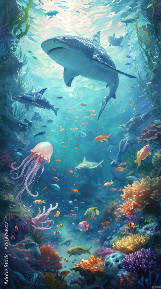 A mesmerizing underwater scene: an octopus with flowing tentacles interacts with a jellyfish. Watercolor style A mesmerizing underwater scene: an octopus with flowing tentacles interacts with a jellyfish. Watercolor style