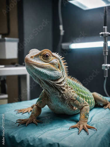 Portrait of a Lizard, a beautiful pet on the background of a Veterinary clinic