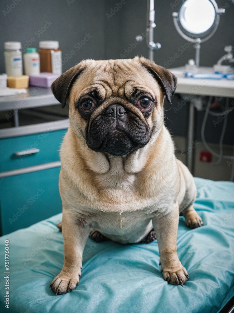 Portrait of a Pug, a beautiful pet on the background of a Veterinary clinic