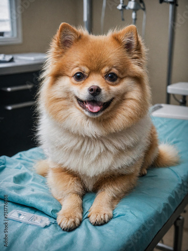 Portrait of a Pomeranian, a beautiful pet on the background of a Veterinary clinic