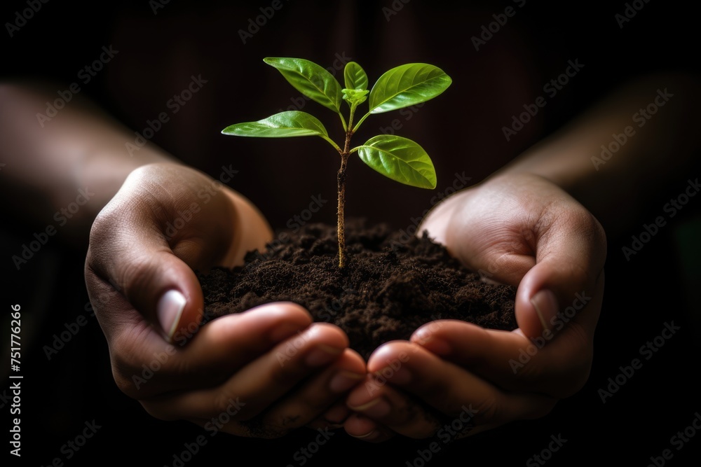 A symbol of hope: a new plant reaches for the light, held with care. Close-up: hands holding a potted plant with green leaves. Sunlight peeks through the background, creating a soft glow. A symbol of hope: a new plant reaches for the light, held with care. Close-up: hands holding a potted plant with green leaves. Sunlight peeks through the background, creating a soft glow.