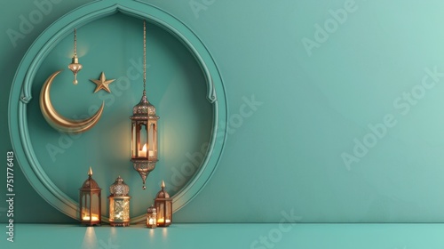 An exquisite Islamic decoration background, featuring a lantern and crescent moon in a luxury style