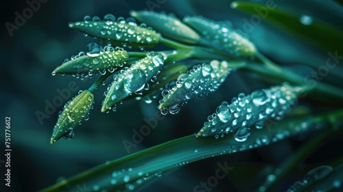 A macro image capturing the delicate beauty of water droplets resting on a furled plant