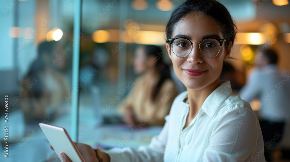 A smiling professional woman with glasses is seated in a corporate office environment with her team working in the background. A smiling professional woman with glasses is seated in a corporate office environment with her team working in the background.