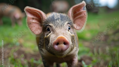 Curious Piglet Staring at Camera with Blurred Background in Nature