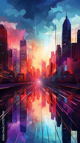 A modern and abstract representation of a city skyline with bold lines and vibrant colors, creating a sleek and urban mobile wallpaper, Illustration, digital art, Generative AI